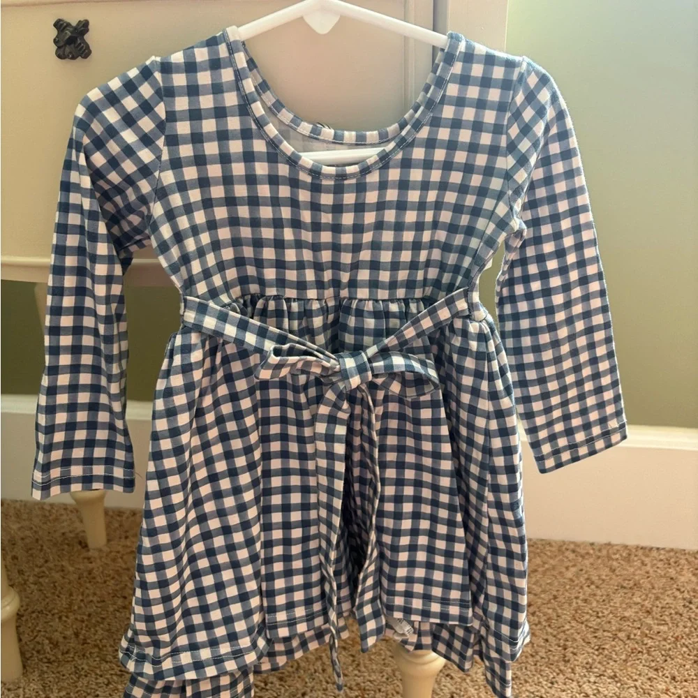 2T Little Magnolia Blue and White Gingham Long-Sleeve Kids Dress